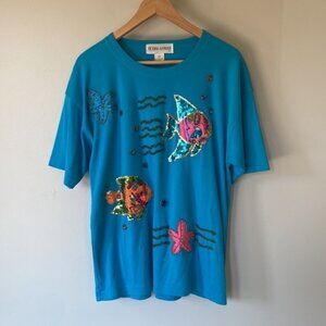 Vintage embroidered bedazzled, retro fish, T-shirt top